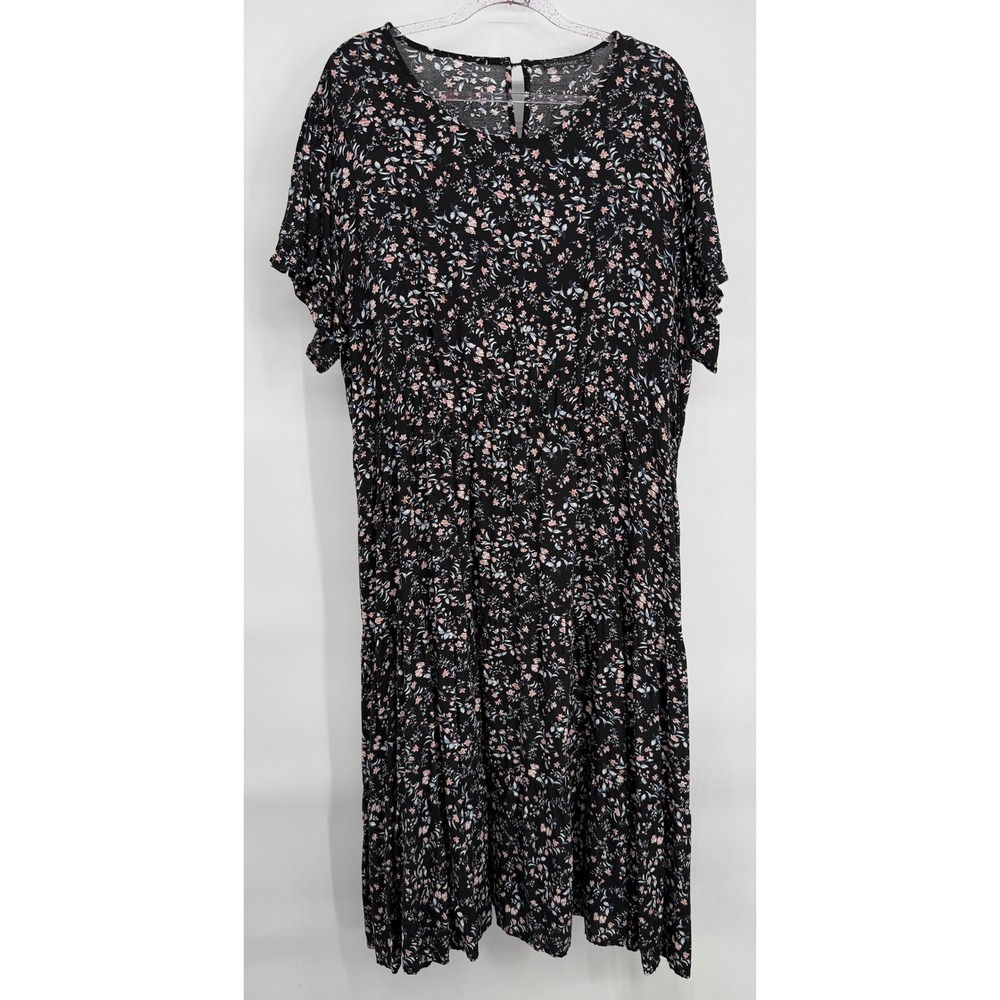 Celkuser Womens Plus Sz‎ 20 Black Floral Tiered Short Sleeve Scoop Neck Dress